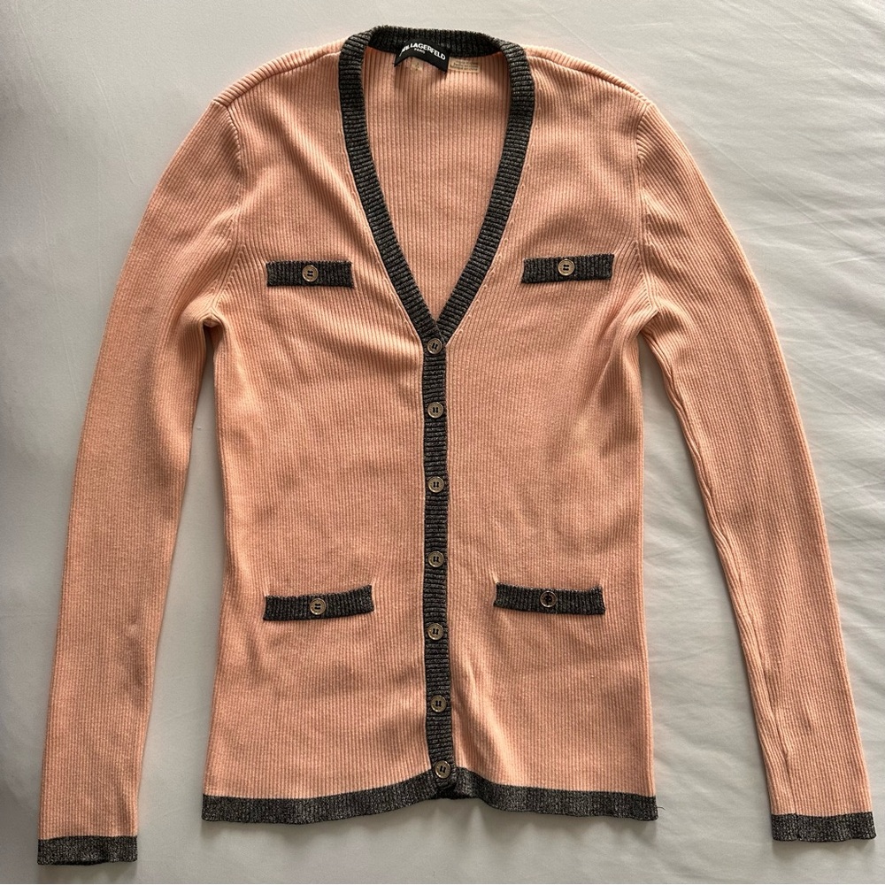 Karl Lagerfeld Paris Pink Ribbed Cardigan Gray Trim Logo Buttons Sz S